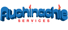 Logo of Auchinachie Services with blue 3D text outlined in black, featuring small red flames above letters, and red text below.