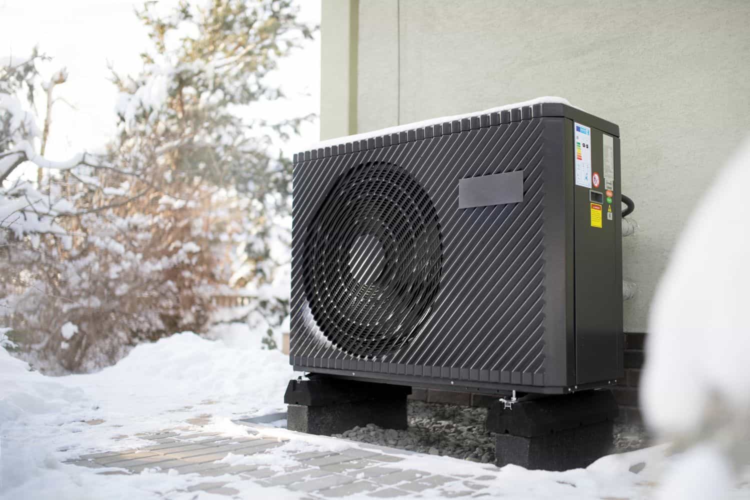 A heat pump unit installed outside a building in a snowy area, with snow covering the ground and trees in the background.