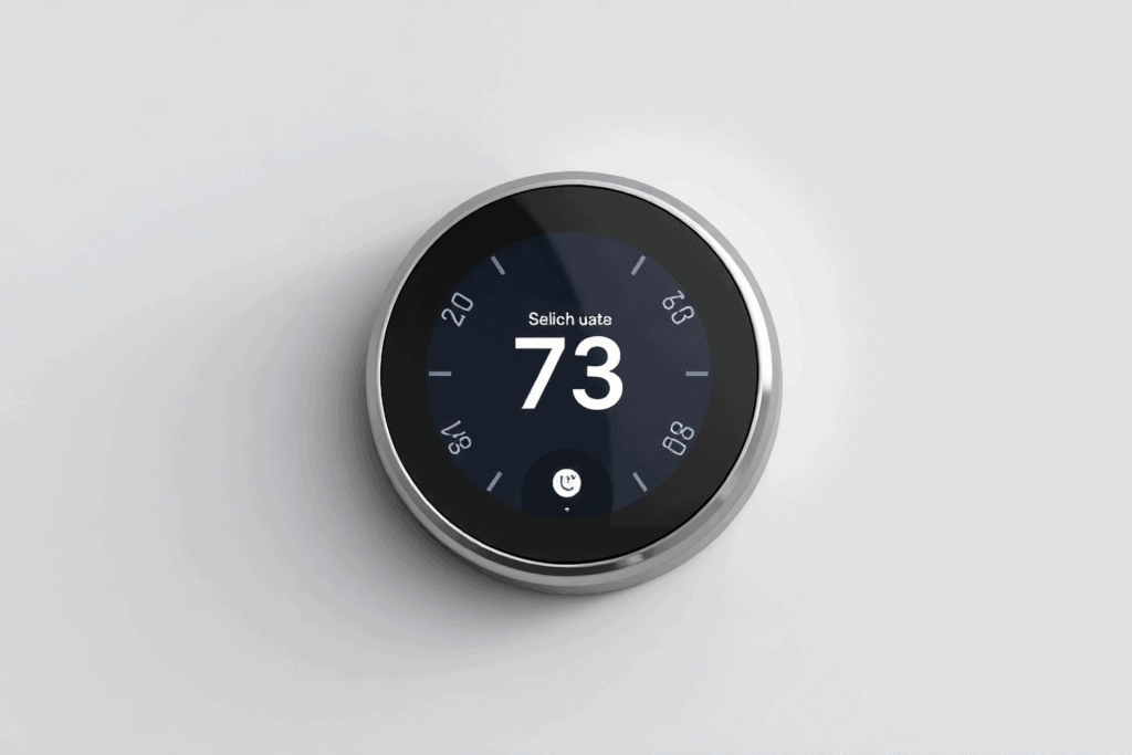 A round digital thermostat displays the number 73 on its black screen, with temperature markings and a minimal silver bezel set against a plain white background.