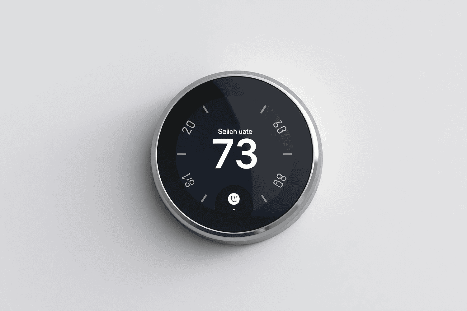 A round digital thermostat displays the number 73 on its black screen, with temperature markings and a minimal silver bezel set against a plain white background.