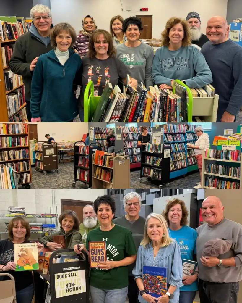 A collage of Auchinachie Cares volunteers organizing and posing with books at a library book sale.